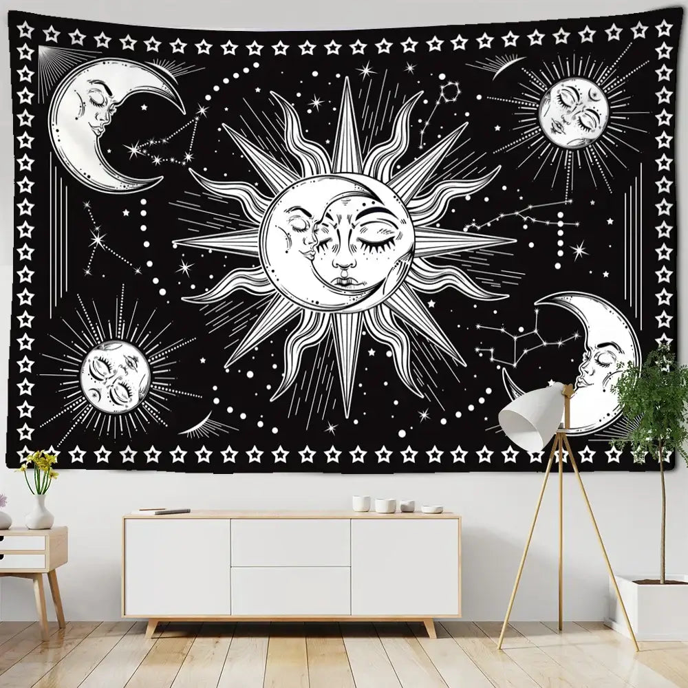 Black and white celestial mandala hippie wall hanging featuring stylized sun moon stars for bedroom decorbites decor