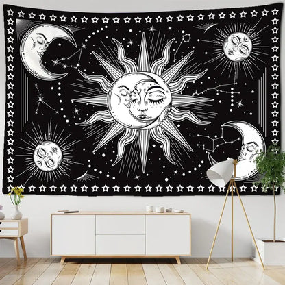 Black and white celestial mandala hippie wall hanging featuring stylized sun moon stars for bedroom decorbites decor