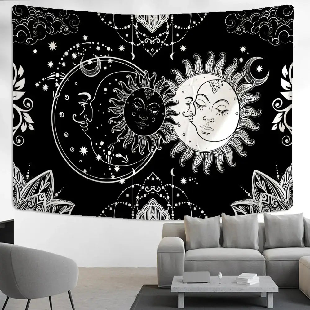 Black and white celestial mandala hippie wall hanging tapestry featuring sun and moon faces with ornate patterns for decorbites decor