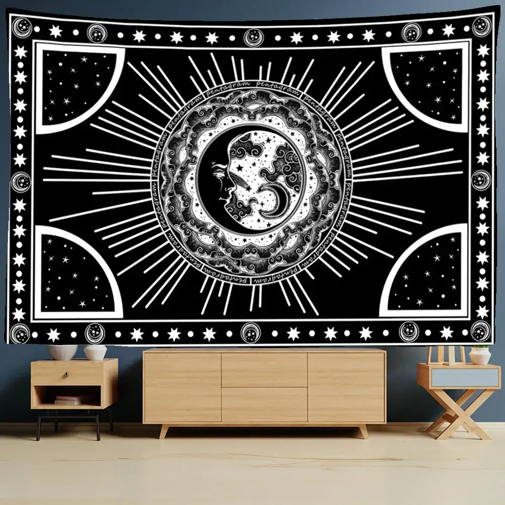 Black and white celestial mandala hippie wall hanging tapestry featuring moon phases stars and sunburst patterns for decorbites decor