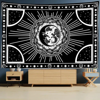 Black and white celestial mandala hippie wall hanging tapestry featuring moon phases stars and sunburst patterns for decorbites decor