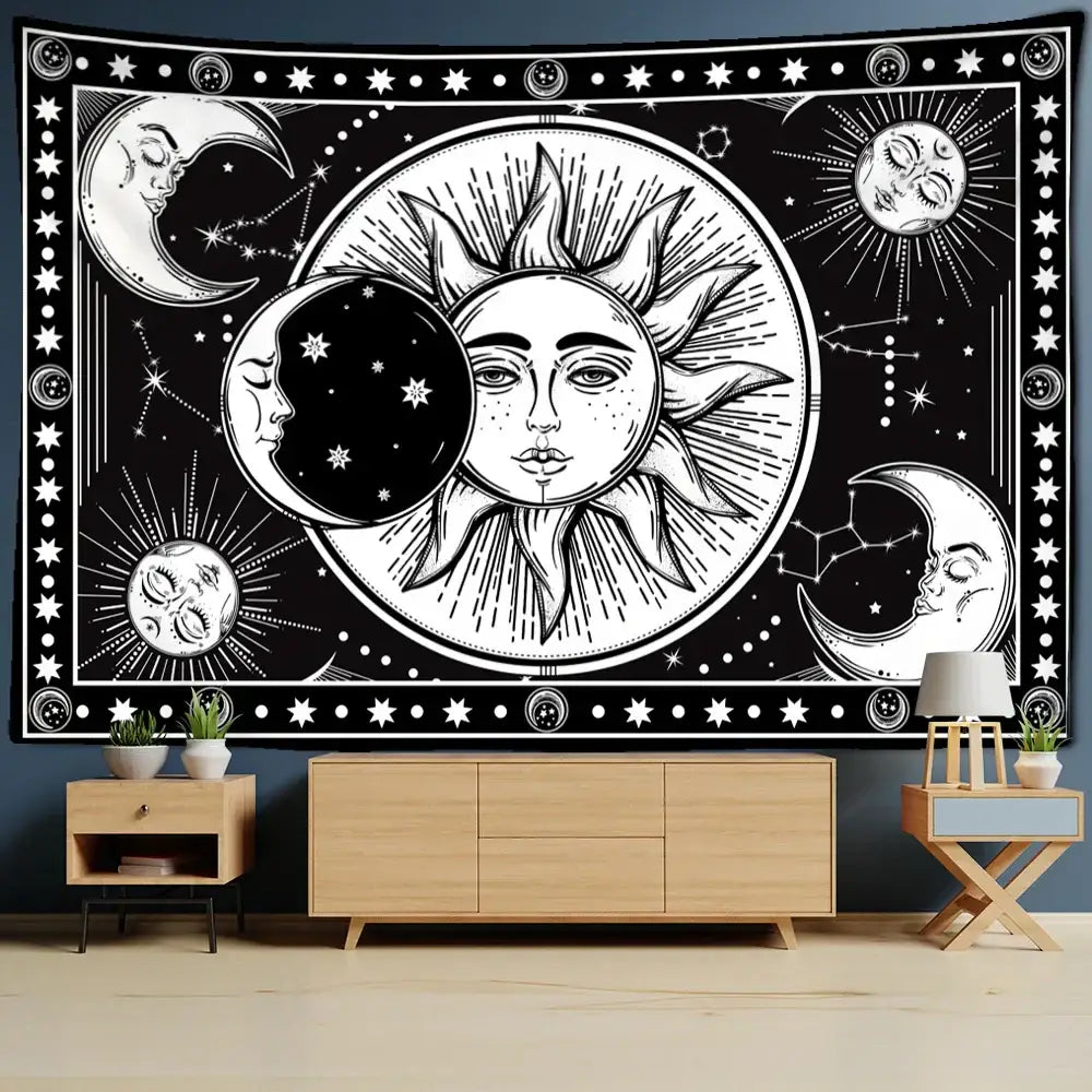Black and white celestial mandala hippie wall hanging tapestry featuring sun face crescent moons stars for decorbites decor