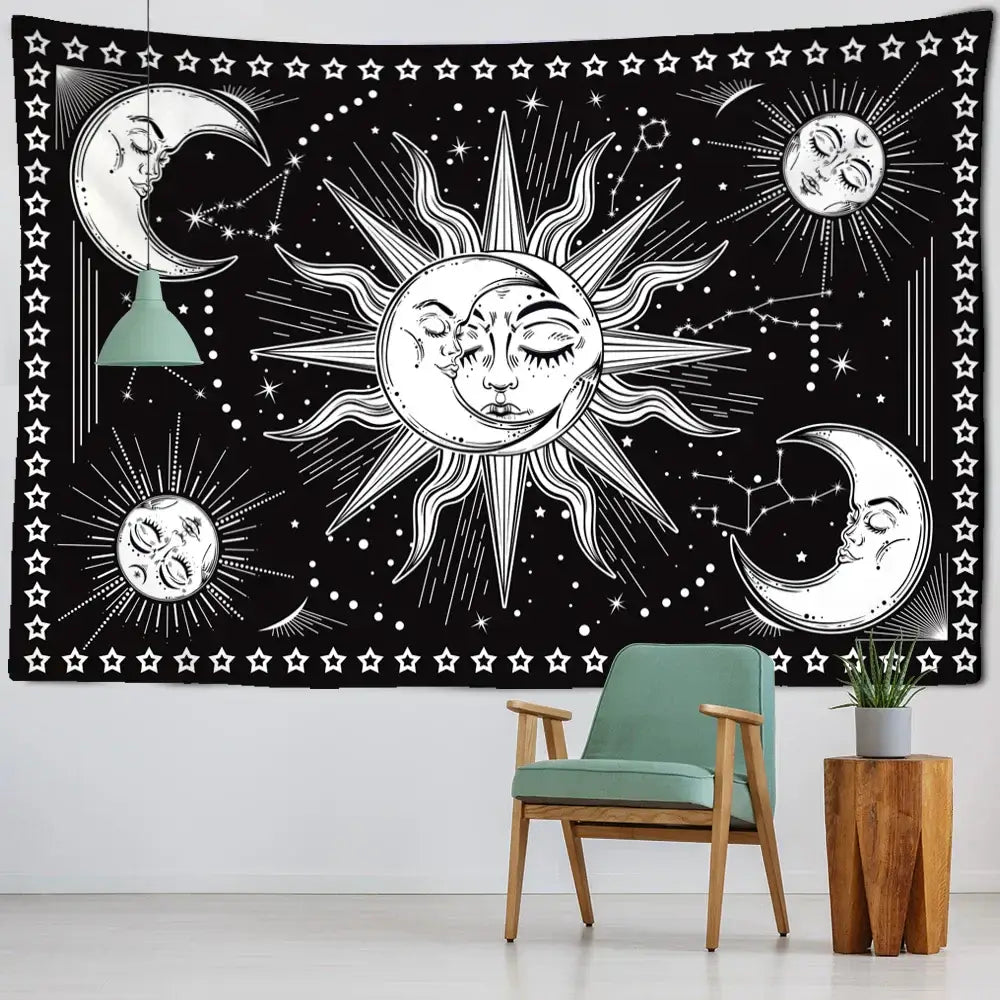 Black tapestry wall hanging featuring intricate white celestial mandala hippie sun moon and stars line art decorbites celestial mandala