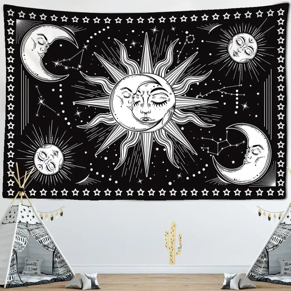 Black and white celestial mandala hippie wall hanging tapestry with stylized sun moon stars decorbites celestial mandala decor