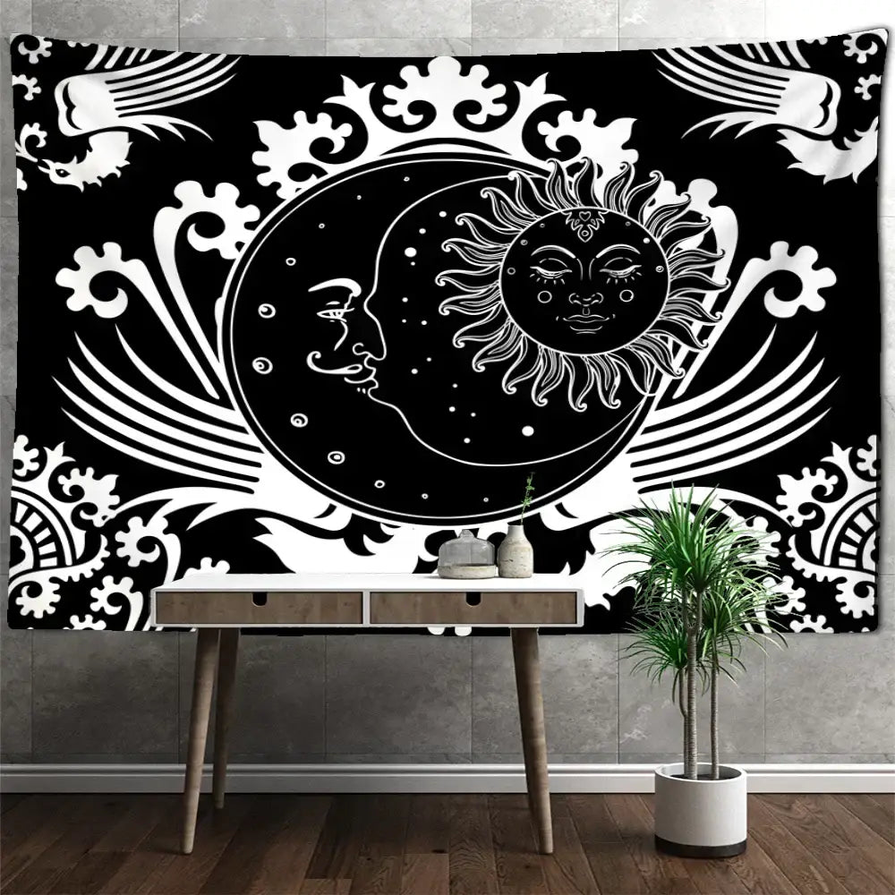 Black and white decorbites celestial mandala wall hanging with intricate sun moon faces and ornate floral patterns for bedroom decor