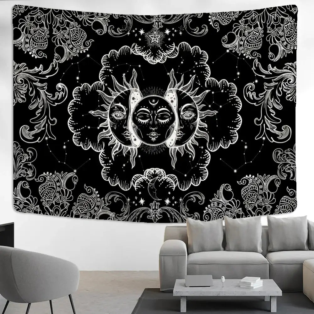 Black and white celestial mandala hippie wall hanging tapestry featuring sun moon stars and floral decorbites celestial mandala design