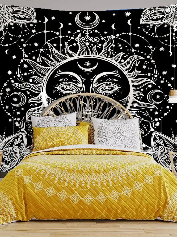 Black and white decorbites celestial mandala tapestry with intricate sun moon and star designs for bedroom wall hanging decor