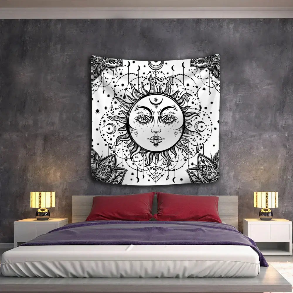 Black and white celestial mandala tapestry wall hanging with sun face, stars, moons, and leaf motifs for decorbites celestial mandala decor