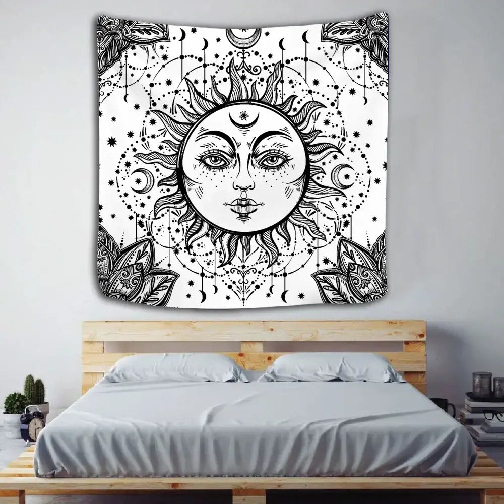 Black and white decorbites celestial mandala tapestry featuring sun face crescent moons stars for wall hanging decor