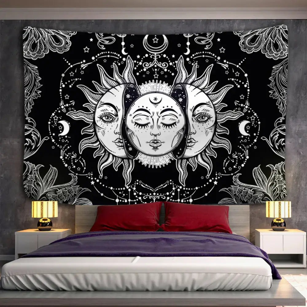 Black and white celestial mandala tapestry wall hanging with sun moon faces and floral decorbites celestial mandala decor