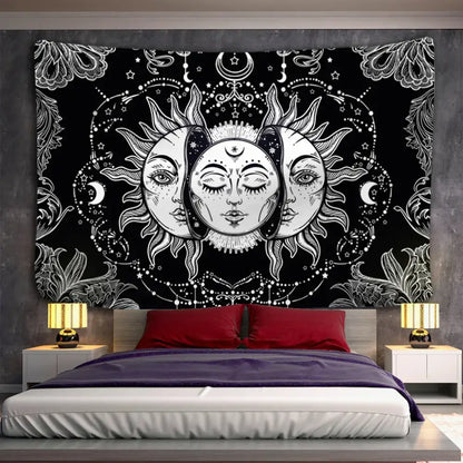 Black and white celestial mandala tapestry wall hanging with sun moon faces and floral decorbites celestial mandala decor