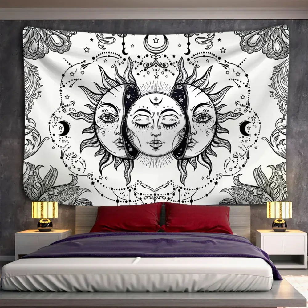 Black and white decorbites celestial mandala tapestry featuring sun moon crescent faces with stars for wall hanging decor