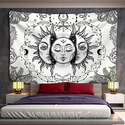 Black and white decorbites celestial mandala tapestry featuring sun moon crescent faces with stars for wall hanging decor