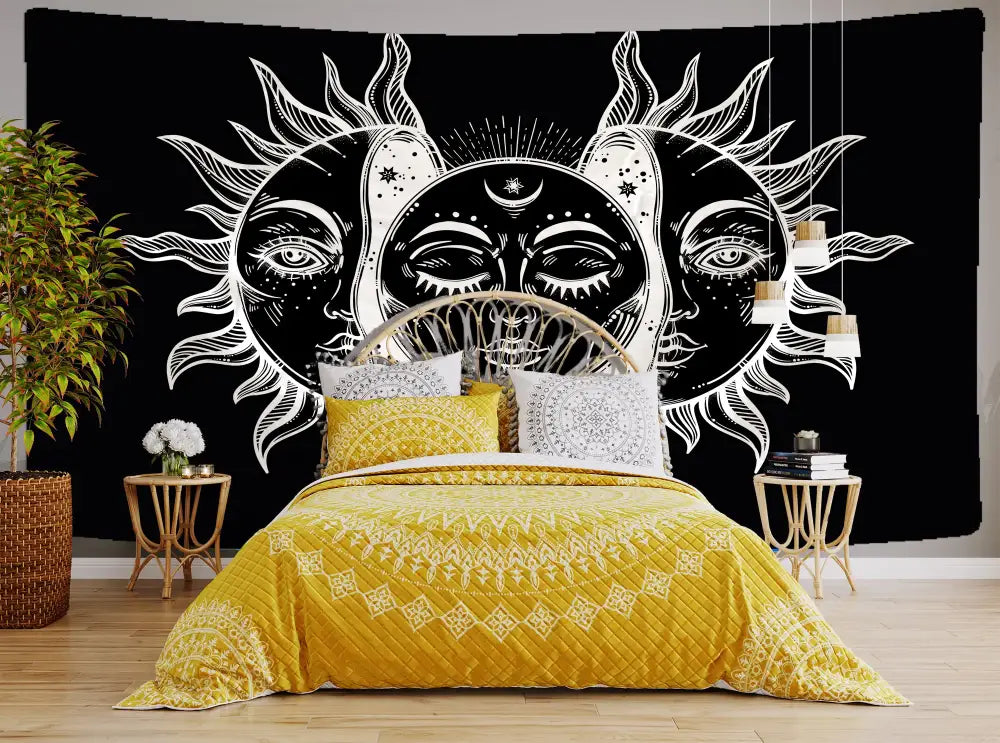 Black and white celestial mandala tapestry with intricate sun and moon faces for decorbites celestial mandala wall decor