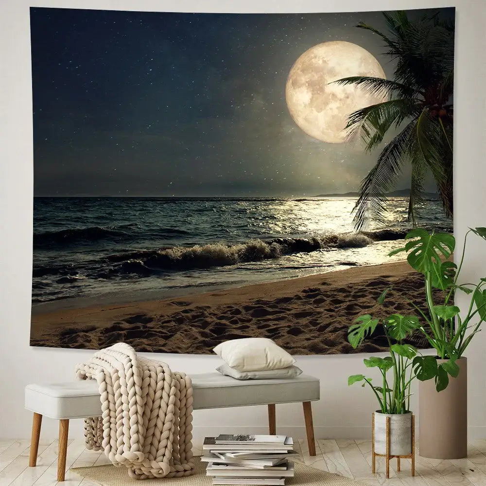Beige knitted throw blanket draped over bench complementing celestial moon night sky beach tapestry decor