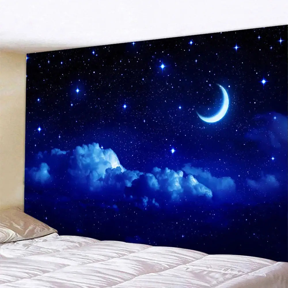 Celestial moon night sky beach tapestry with deep blue starry night sky, glowing crescent moon, and fluffy clouds decor