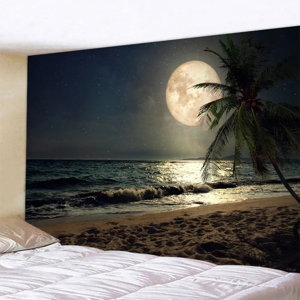 Celestial moon night sky beach tapestry features a glowing full moon and silhouetted palm tree over gentle waves for bedroom decor