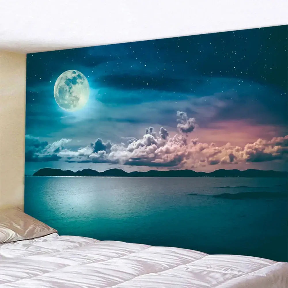 Celestial moon night sky beach tapestry featuring a serene night sky with a luminous full moon and turquoise waters reflection