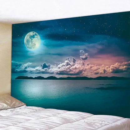 Celestial moon night sky beach tapestry featuring a serene night sky with a luminous full moon and turquoise waters reflection