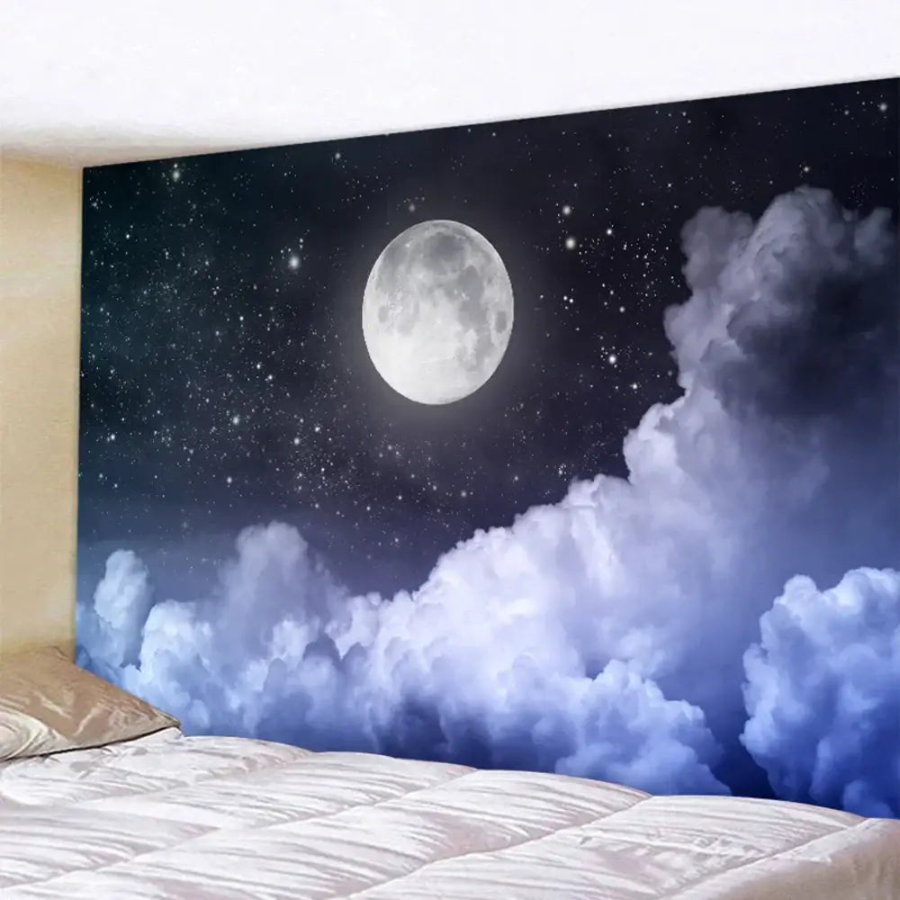 Celestial moon night sky beach tapestry featuring a detailed full moon and starry night sky above blue clouds