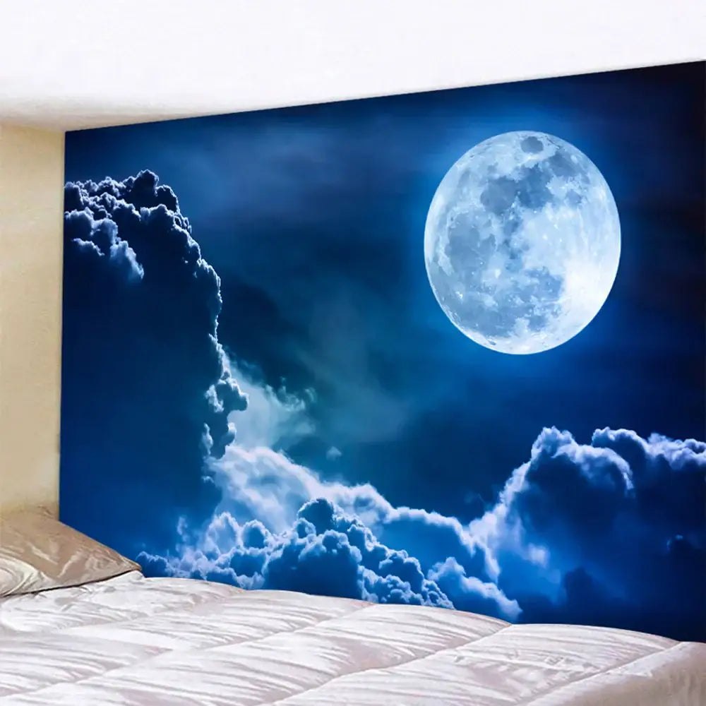 A vibrant blue beach moon night tapestry featuring a detailed full moon and dramatic clouds for bedroom wall decor