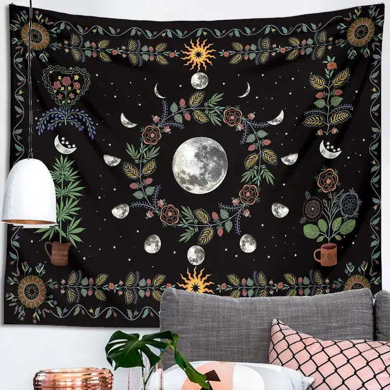 Black tapestry wall hanging featuring a celestial moon phase floral design with earthy tones decorbites celestial moon decor