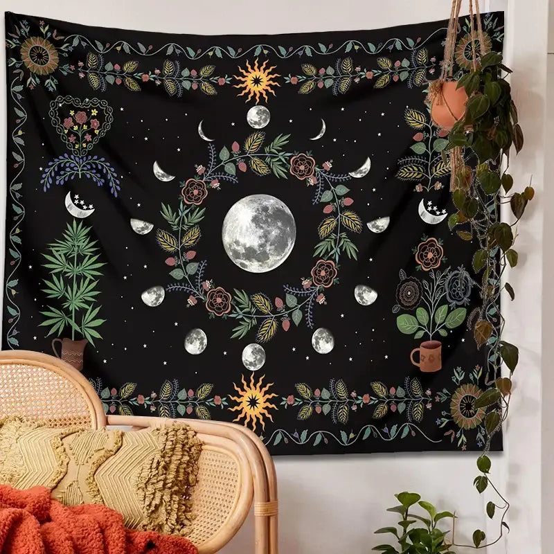 Black celestial moon phase floral tapestry with full moon, phases, sun motifs, and floral vines for bedroom decorbites decor
