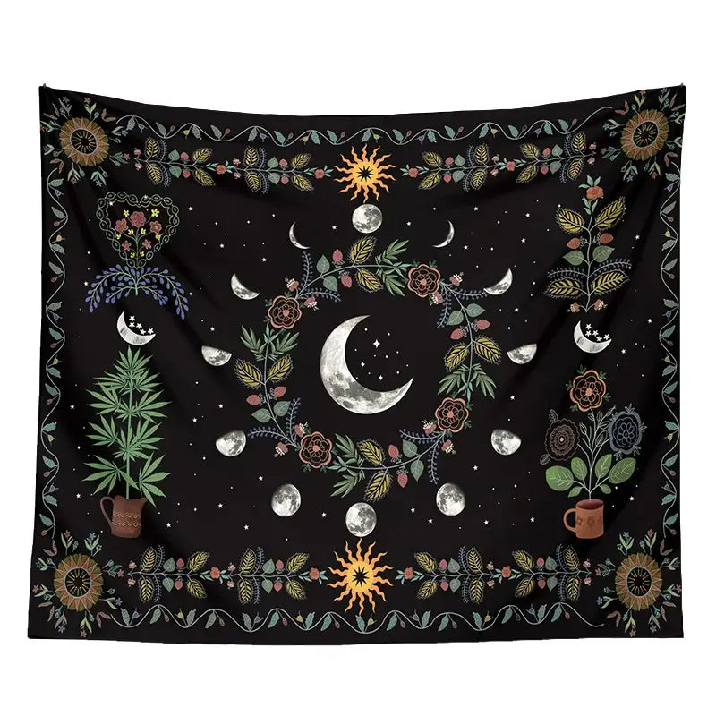 Black celestial moon phase floral tapestry featuring crescent moon sun motifs in gold green brown for decorbites celestial moon decor