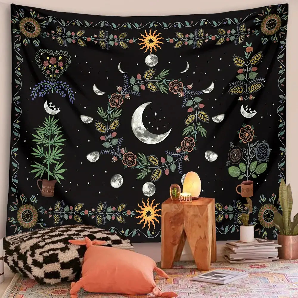 Black tapestry featuring intricate silver moons suns stars on a dark background for decorbites celestial moon phase floral wall hanging