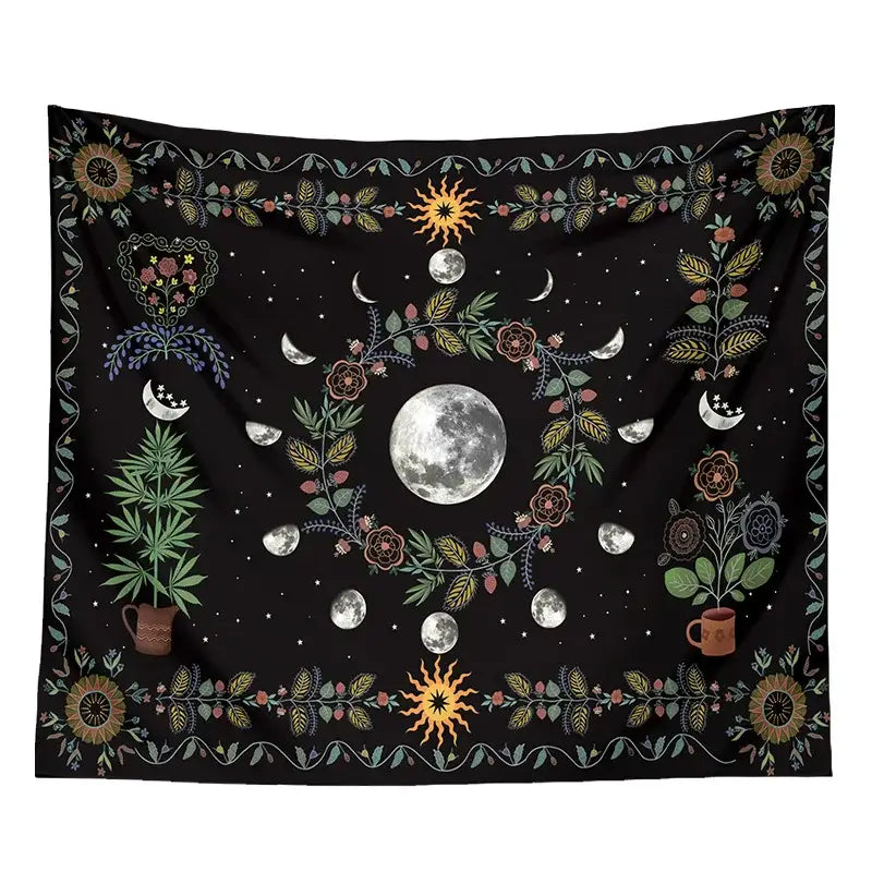 Black celestial moon phase floral tapestry featuring a silver moon and earthy floral wreaths for bedroom wall decorbites decor