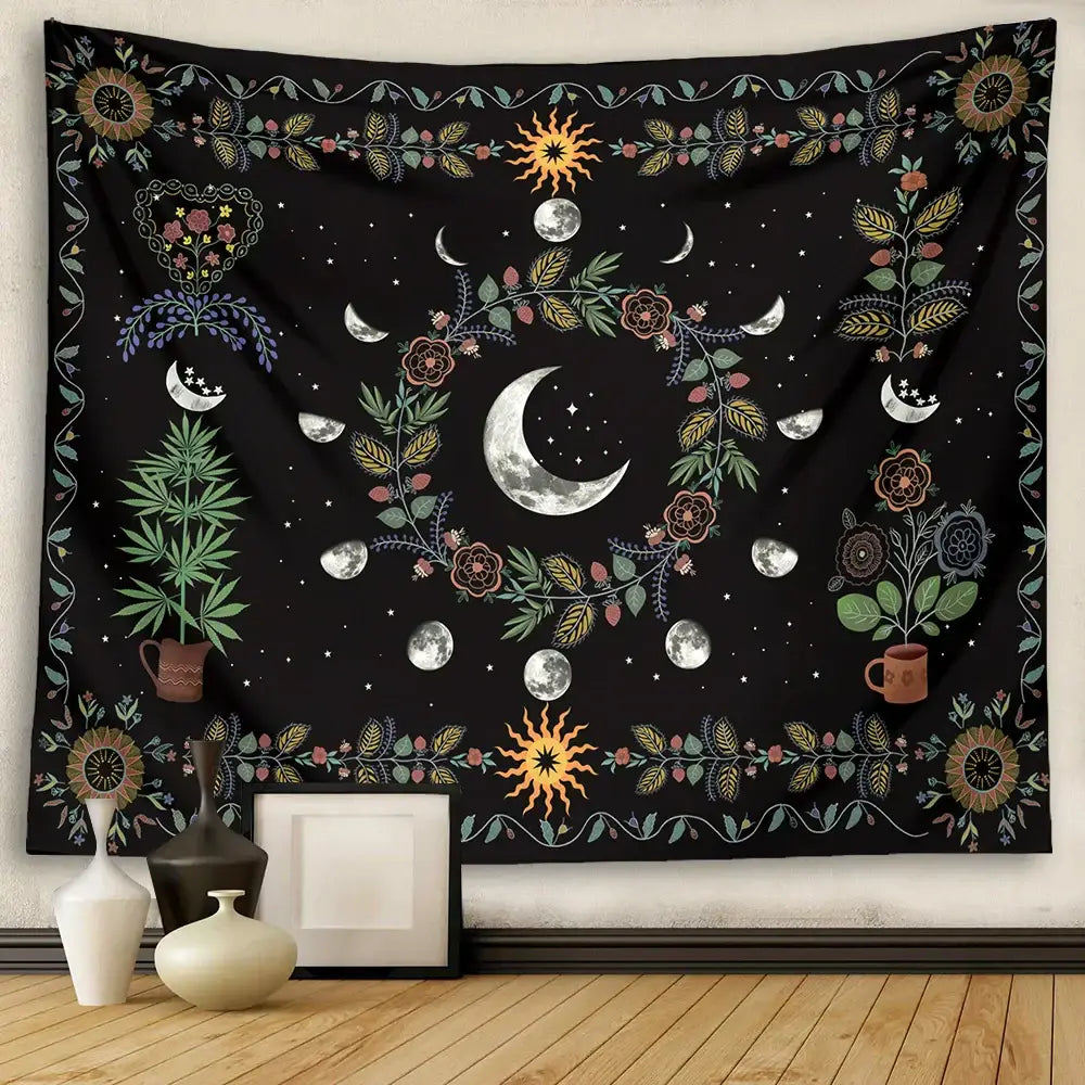 Black celestial moon phase floral tapestry featuring embroidered moons suns and muted pastel florals for bedroom decorbites celestial moon