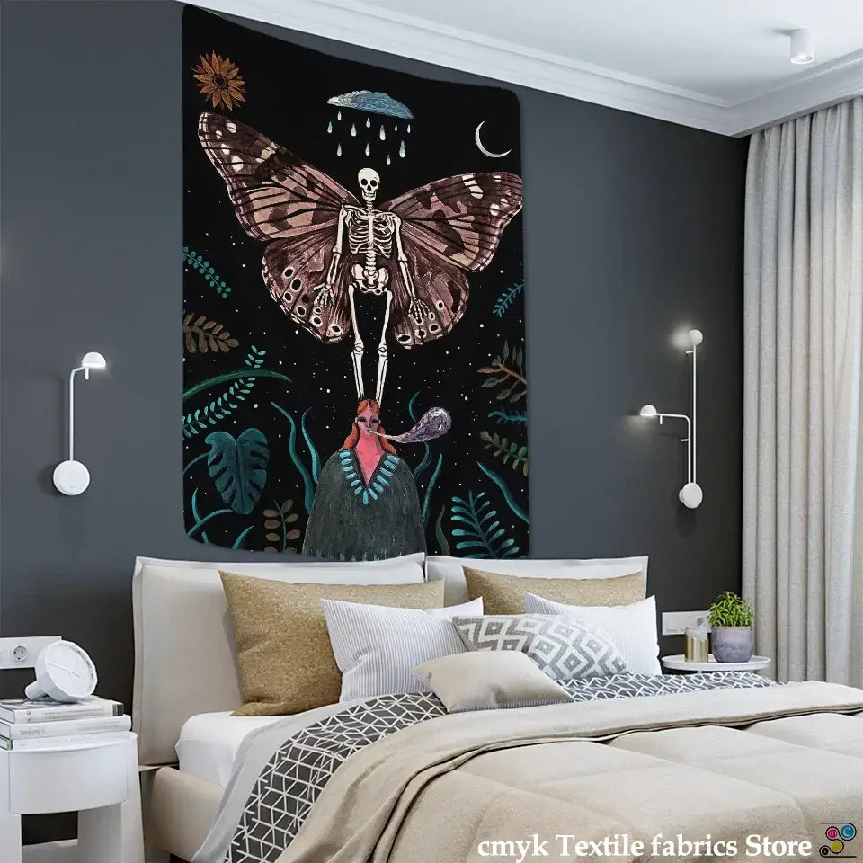 A dark black celestial moth tapestry featuring a skeleton with butterfly wings for bedroom wall decorbites celestial moth decor