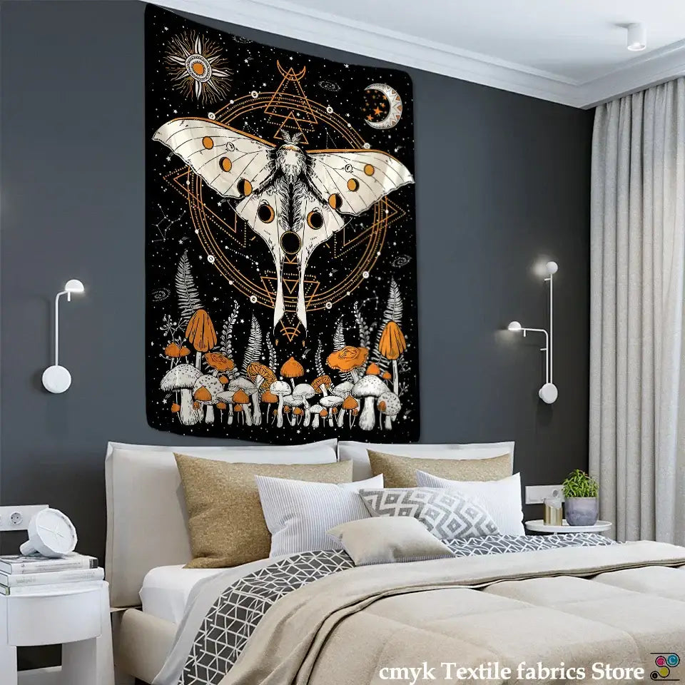 A black celestial moth tapestry featuring a detailed white moth with orange accents and geometric patterns for bedroom wall decor