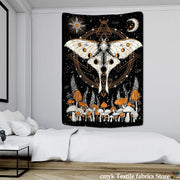 Black celestial moth tapestry by decorbites features white moth with orange markings, mushrooms, and geometric patterns
