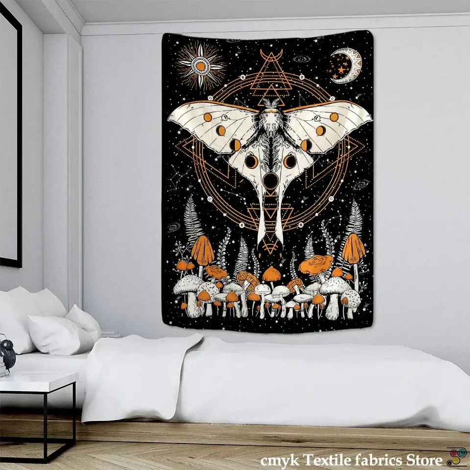Black celestial moth tapestry by decorbites features white moth with orange markings, mushrooms, and geometric patterns
