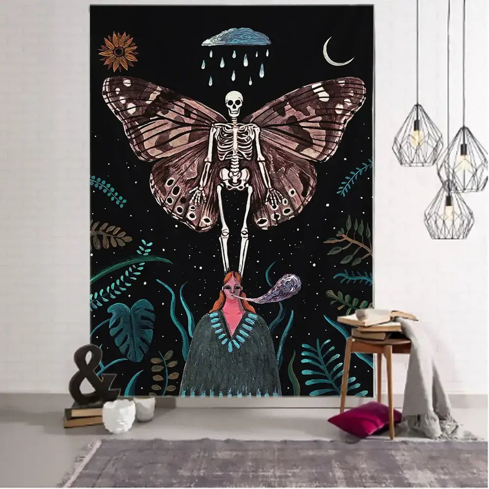 A black and white decorbites celestial moth tapestry featuring a skeleton with butterfly wings and celestial motifs