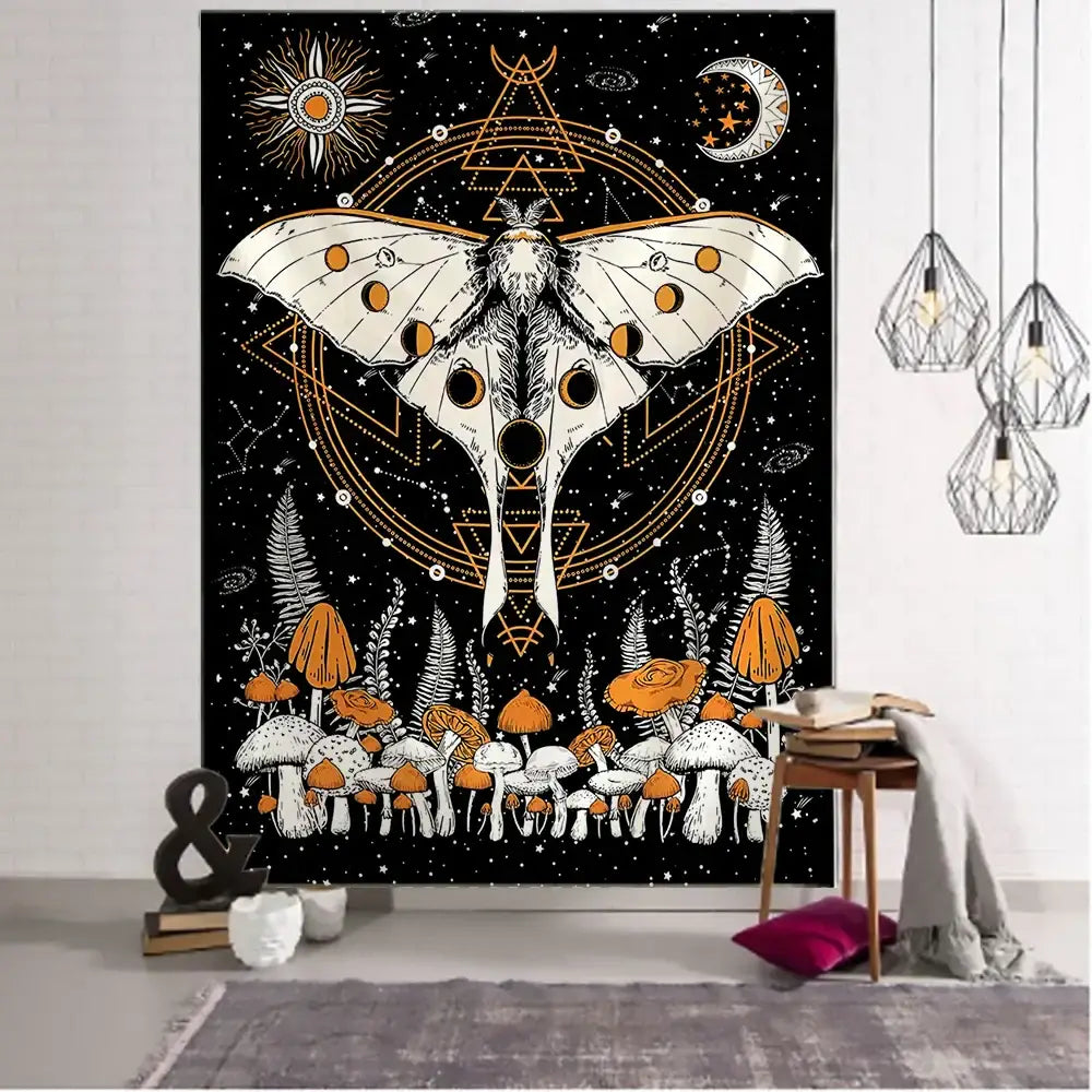 Black celestial moth tapestry by decorbites featuring white moth skull and orange accents for bedroom wall decor