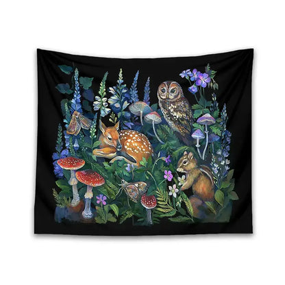 Black celestial mushroom botanical wall hanging featuring a spotted fawn owl chipmunk and vibrant forest elements
