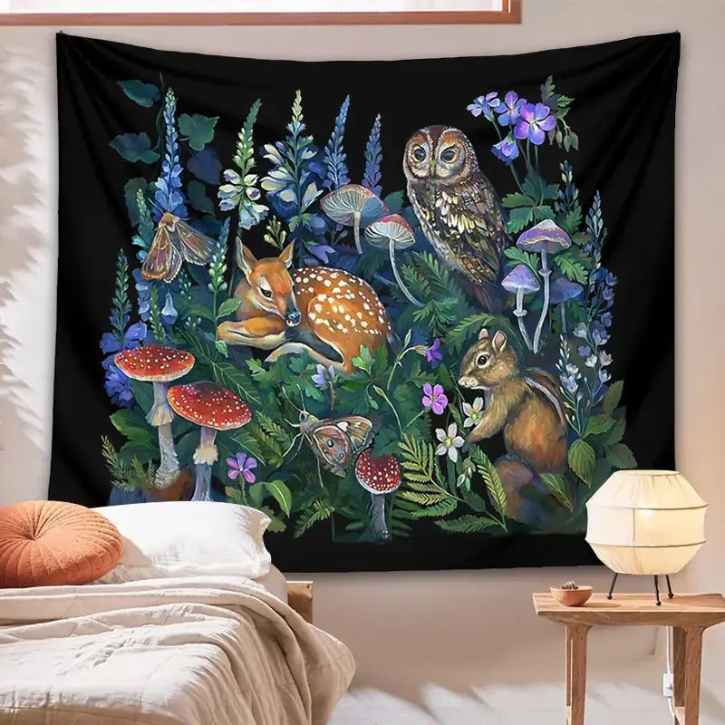 Black celestial mushroom botanical wall hanging tapestry featuring woodland creatures with vibrant flora details