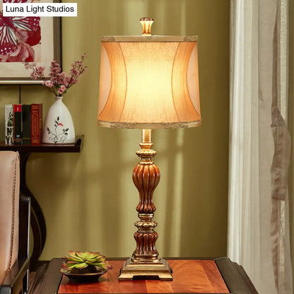 Céline - Retro Drum Design Living Room Night Table Lamp Retro Style Fabric 1-Bulb Brown Desk Light with Square Pedestal