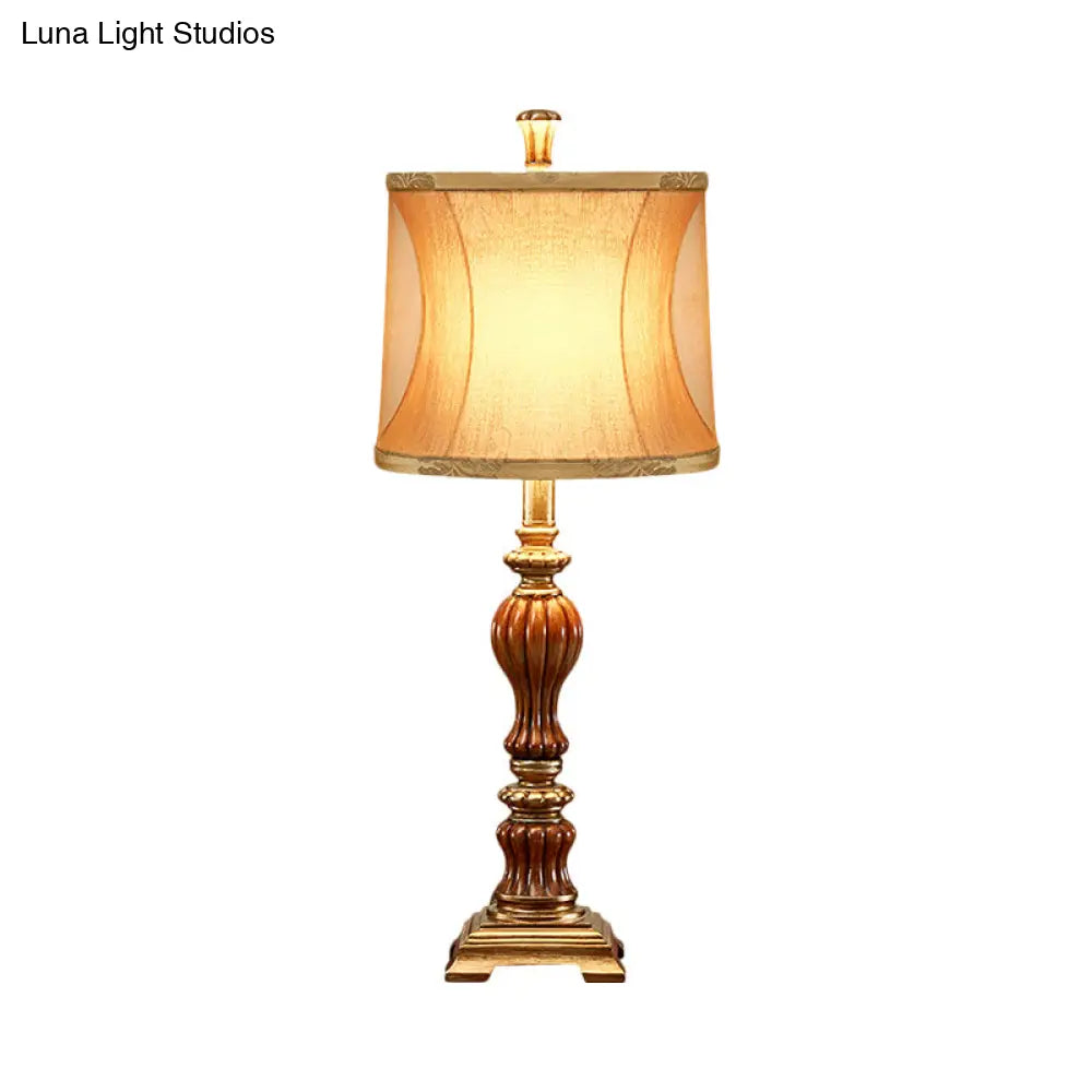 Céline - Retro Drum Design Living Room Night Table Lamp Retro Style Fabric 1-Bulb Brown Desk Light with Square Pedestal