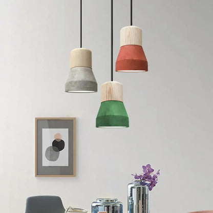 DecorBites™ Cement Bottle Small Hanging Lamp Macaron Single Red/Grey/Green Ceiling Pendant Light with Wood Top