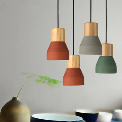 DecorBites™ Cement Bottle Small Hanging Lamp Macaron Single Red/Grey/Green Ceiling Pendant Light with Wood Top