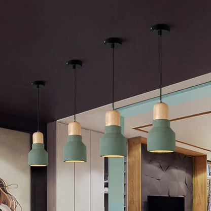 DecorBites™ Cement Bottle Small Hanging Lamp Macaron Single Red/Grey/Green Ceiling Pendant Light with Wood Top