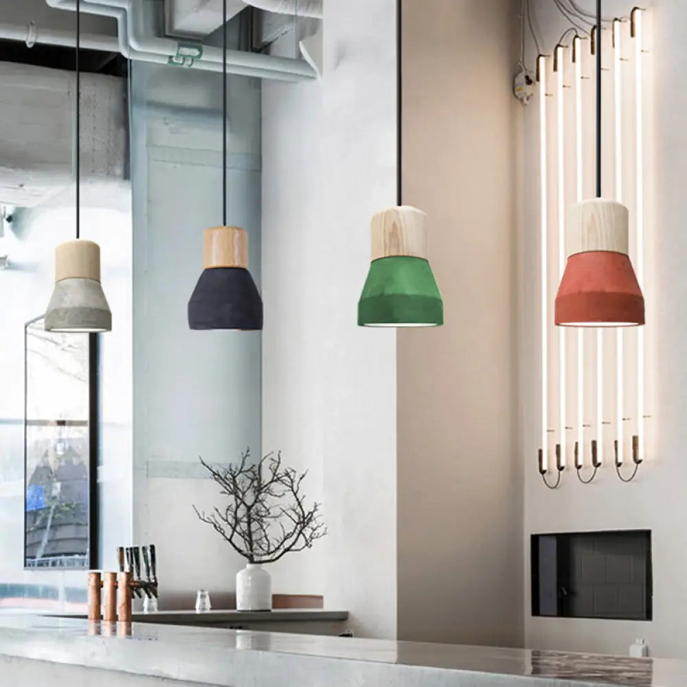 DecorBites™ Cement Bottle Small Hanging Lamp Macaron Single Red/Grey/Green Ceiling Pendant Light with Wood Top