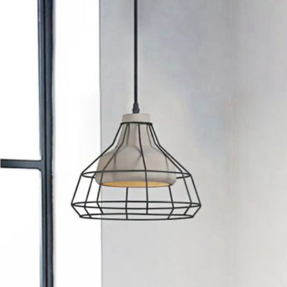 Cement Cone Suspension Light - Modernist Black Hanging Pendant Lamp with Wire-Cage Shade, 10.5"/14" Wide