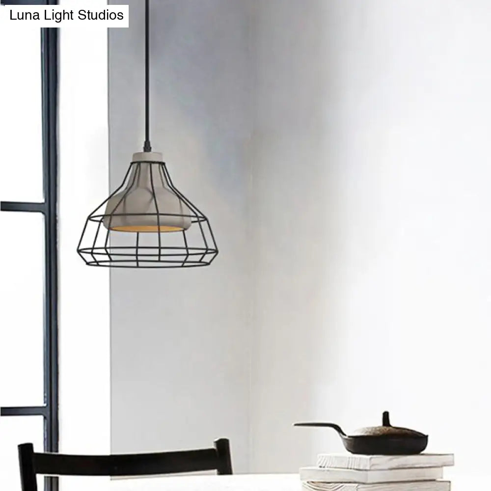 Cement Cone Suspension Light - Modernist Black Hanging Pendant Lamp with Wire-Cage Shade, 10.5"/14" Wide