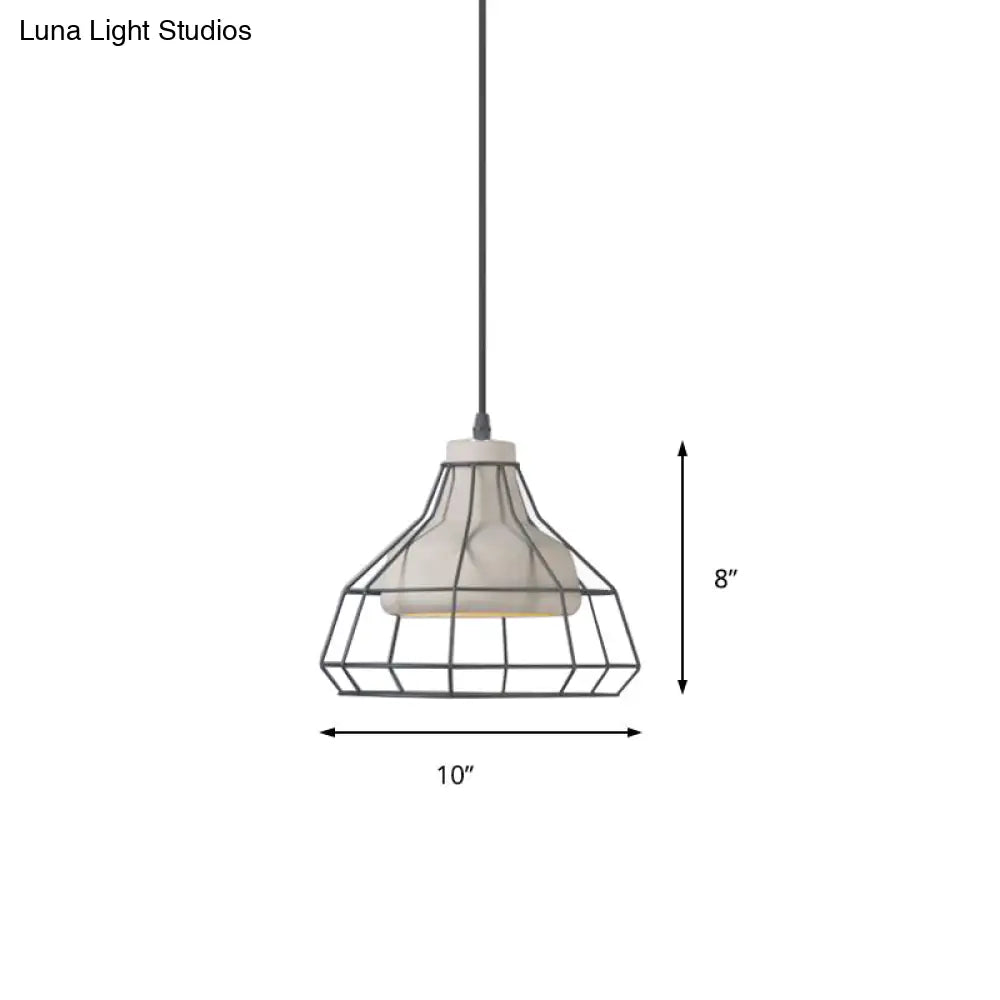 Cement Cone Suspension Light - Modernist Black Hanging Pendant Lamp with Wire-Cage Shade, 10.5"/14" Wide