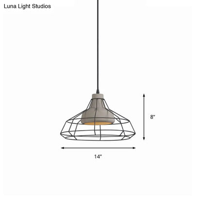 Cement Cone Suspension Light - Modernist Black Hanging Pendant Lamp with Wire-Cage Shade, 10.5"/14" Wide