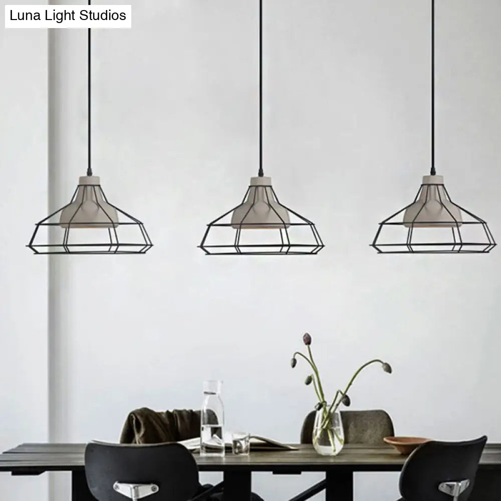 Cement Cone Suspension Light - Modernist Black Hanging Pendant Lamp with Wire-Cage Shade, 10.5"/14" Wide